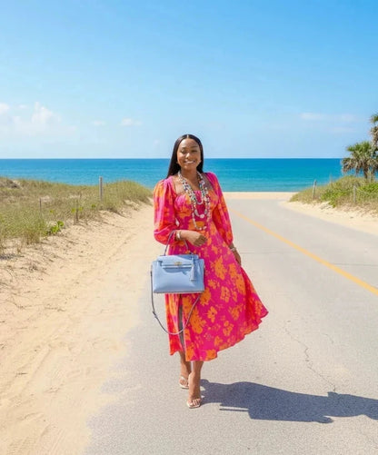 🍒Vroue se blomdruk rok midaxi met vierkantige kraag lang poffmou partytjierok met spleetmode met blomme helderkleurige uitrustings strandpartytjiedrag vakansieklere Kry Satsukige