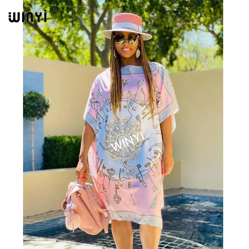 🍒Printed scarf dress loose fit women's silk outfit coloful beach coverup loose batwing midi fashion feminine beach wear  summer party wear You Will Have A Whale Of A Time Wearing This