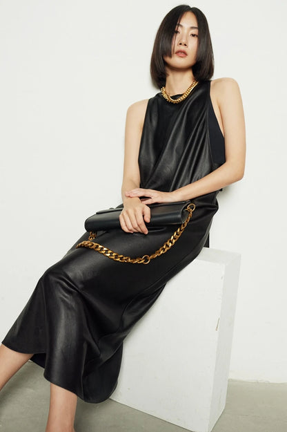 🍒Long faux Leather dress for occasion elegant stylish design backless maxi outfits for Women clubwear partwear fashion Party With A Bow On It