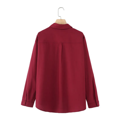 🍒Women's poplin shirt with collar summer female fashion long sleeves for summer simple and versatile clothing smart casual Burgundy Ba-sick