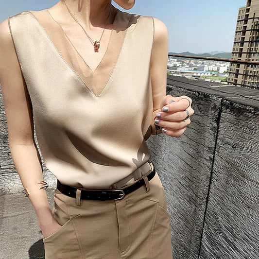 🍒女士缎面衬衫 夏季职场上衣 缎面吊带衫 时尚百搭 派对装 礼服 雪纺边饰