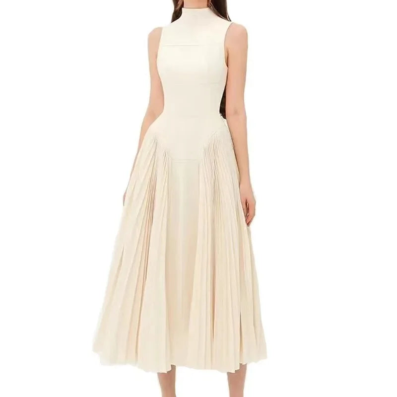 🍒Summer high neck dress a line pleated Irregular long midi outfit fit and flare slim fit smart casual summer wear Purely Pefect