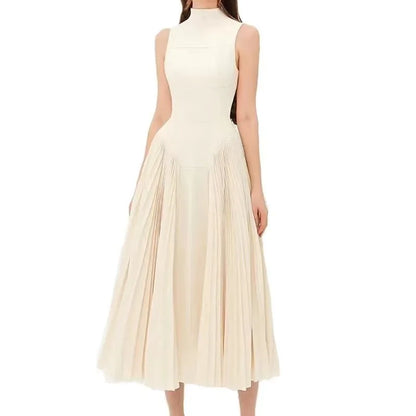 🍒Summer high neck dress a line pleated Irregular long midi outfit fit and flare slim fit smart casual summer wear Purely Pefect