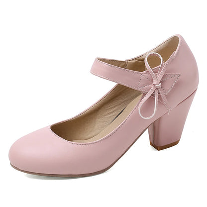 🍒Damespompe 7 cm hoë dik blokhakke ronde toon Mary Janes skoene trourok skoene kantoorskoene damesenkelbandhakke met strikkies