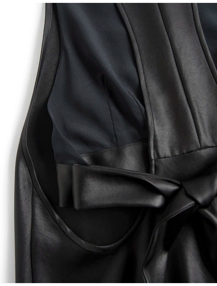 🍒Long faux Leather dress for occasion elegant stylish design backless maxi outfits for Women clubwear partwear fashion Party With A Bow On It