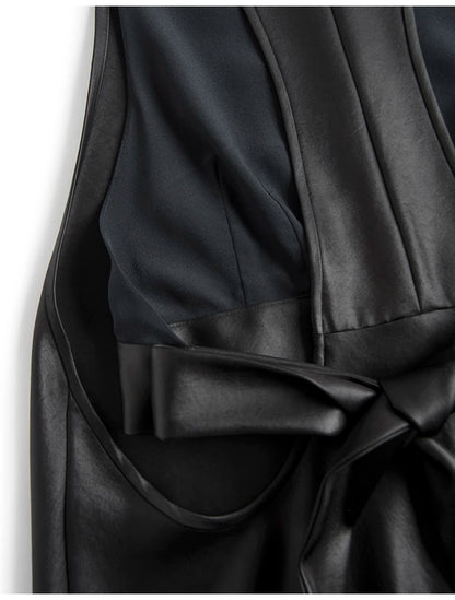 🍒Long faux Leather dress for occasion elegant stylish design backless maxi outfits for Women clubwear partwear fashion Party With A Bow On It
