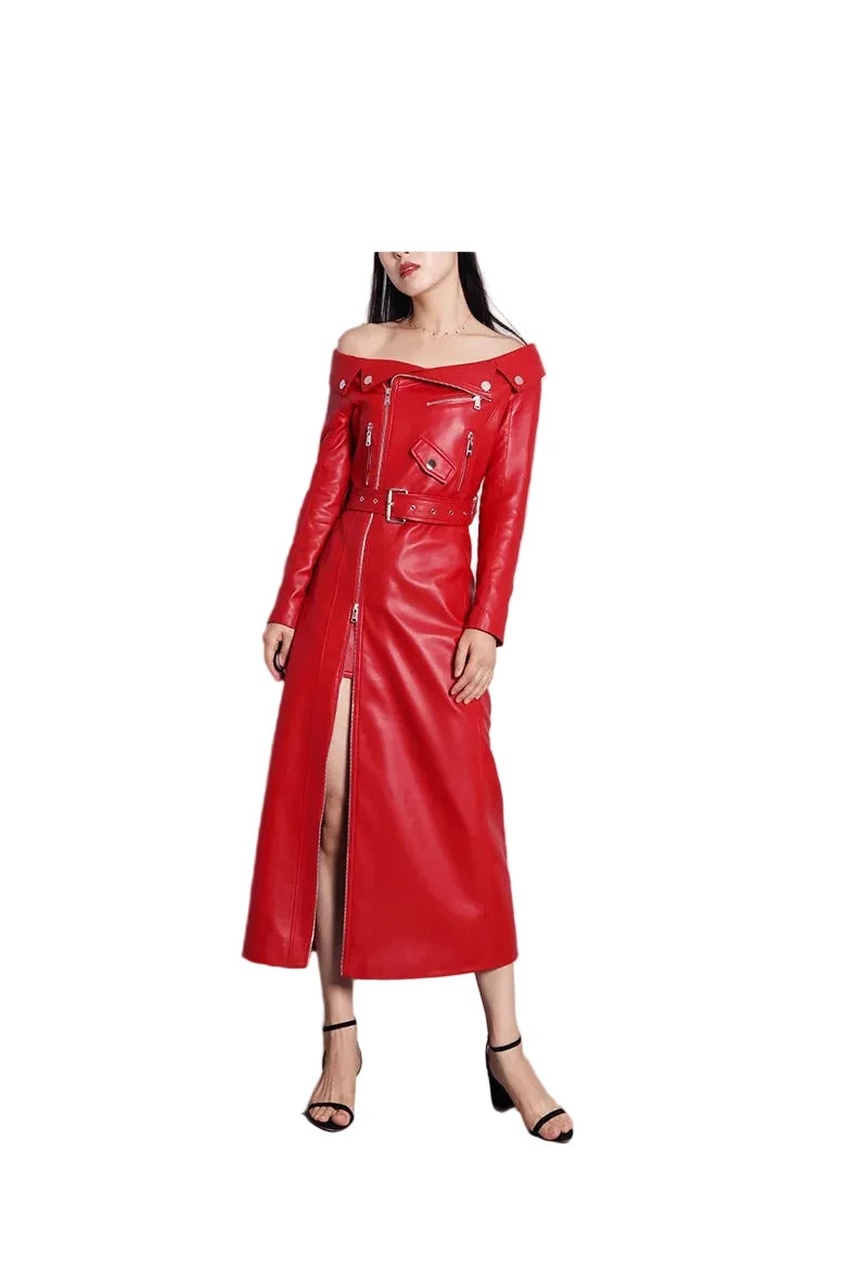 🍒Leather long dresses with side split for women slash neck red black pu outfit long sleeve shoulderless for occasions party wear club wear REDiculously Cool