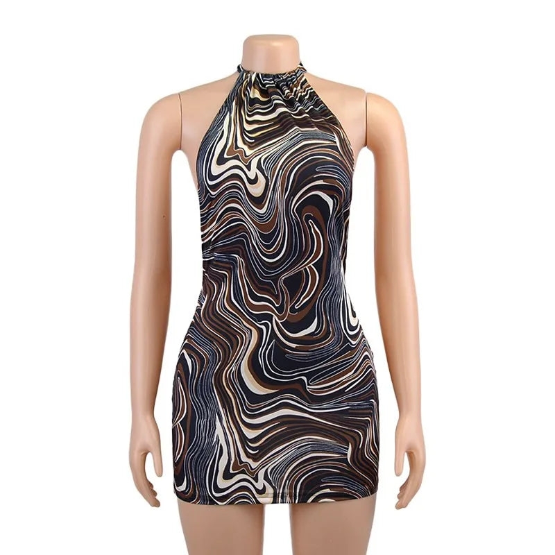 🍒Backless sleeveless halter fashion wave print women's mini dress bodycon short Y2K dresses summer fashion for women Get Girly Swirls
