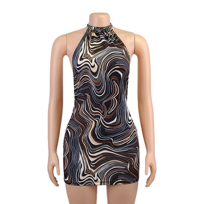 🍒Backless sleeveless halter fashion wave print women's mini dress bodycon short Y2K dresses summer fashion for women Get Girly Swirls