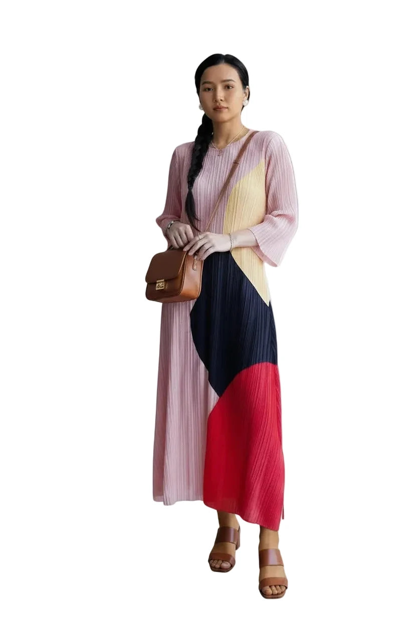 🍒Pleated colour block dress for women elegant geometric pattern  outfit print long sleeve smart casual clothing for occasions wear loose A-line maxi dress designer clothes  Pink Perfection