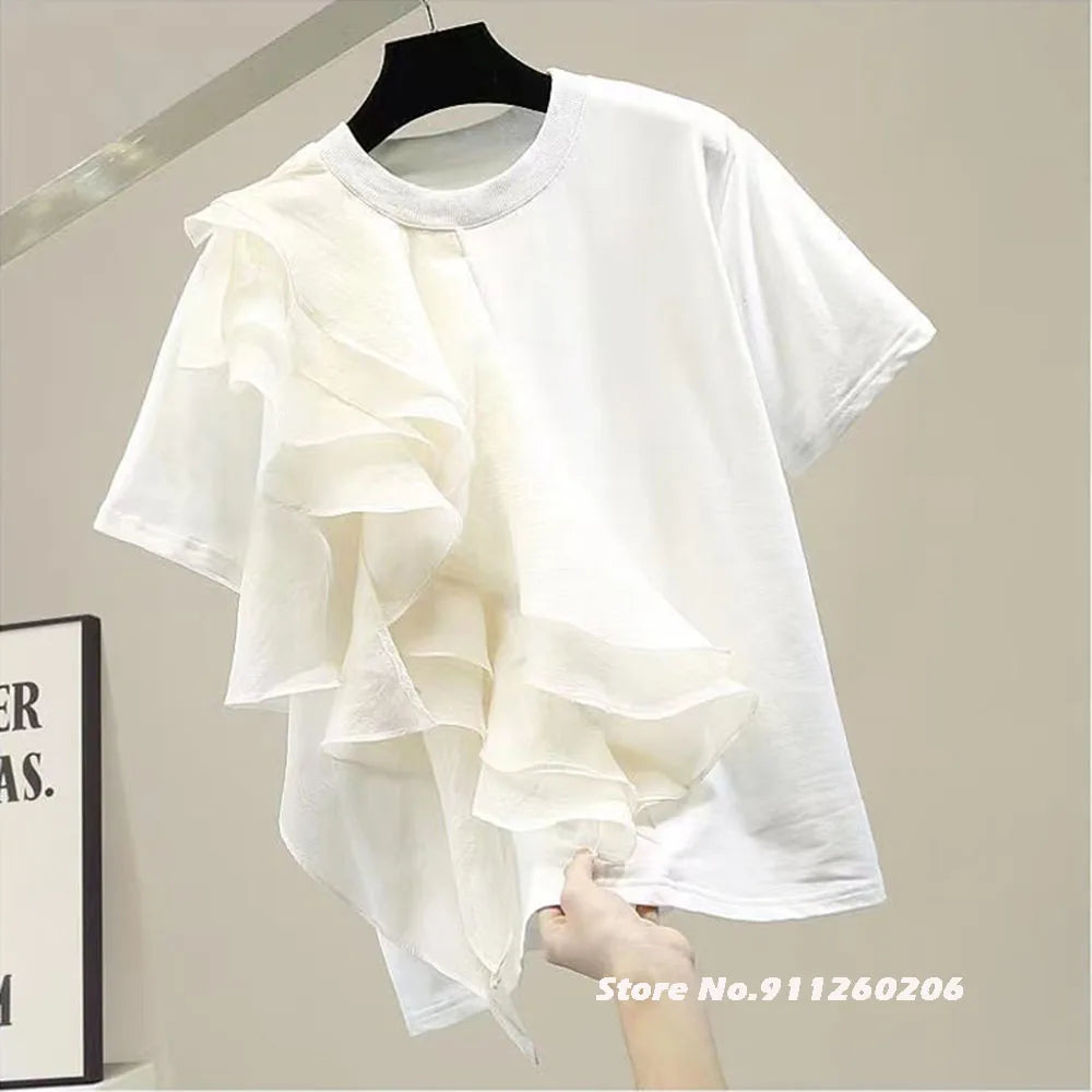 🍒Gemengde media rimpelwit tops vir vroue, O-nek kortmou gemaklike T-hemp, vroulike modeklere Somer