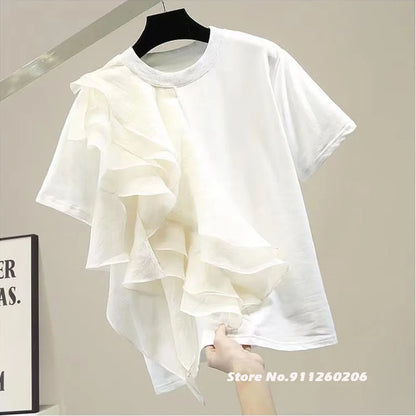 🍒Gemengde media rimpelwit tops vir vroue, O-nek kortmou gemaklike T-hemp, vroulike modeklere Somer