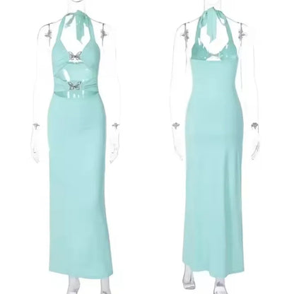 🍒Club outfits for women summer halter neck dress with bows fashion party occasion wear sleeveless backless maxi bodycon evening wear outfit