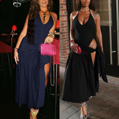 🍒Sleexeless halter top backless design deep v neck Irregular fashion and long split skirt 2 piece sets smart casual wear women You Will Bi K-eeN-i To Wear This Bikini Dress