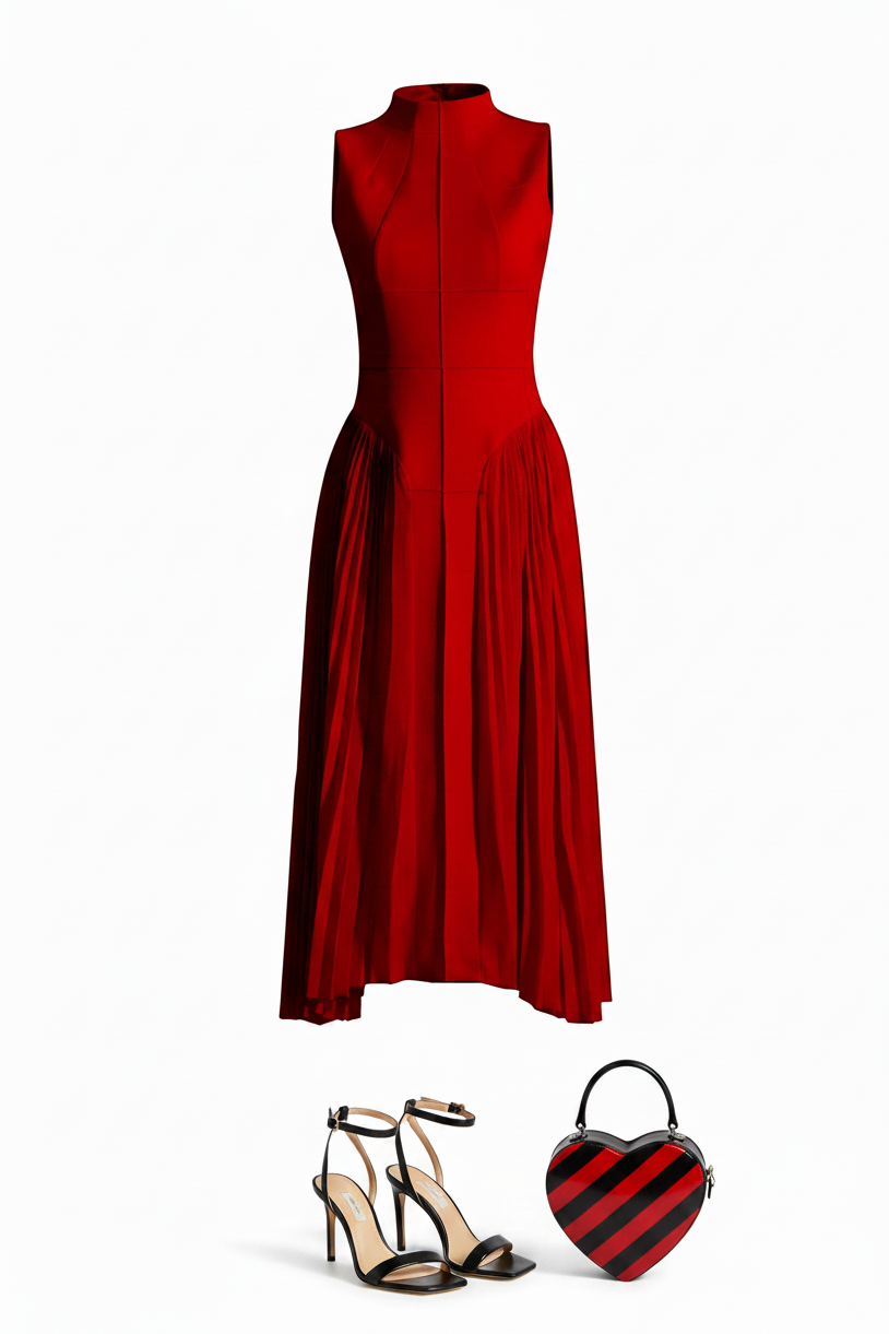 🍒Summer high neck dress a line pleated Irregular long midi outfit fit and flare slim fit smart casual summer wear Purely Pefect