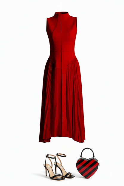 🍒Summer high neck dress a line pleated Irregular long midi outfit fit and flare slim fit smart casual summer wear Purely Pefect