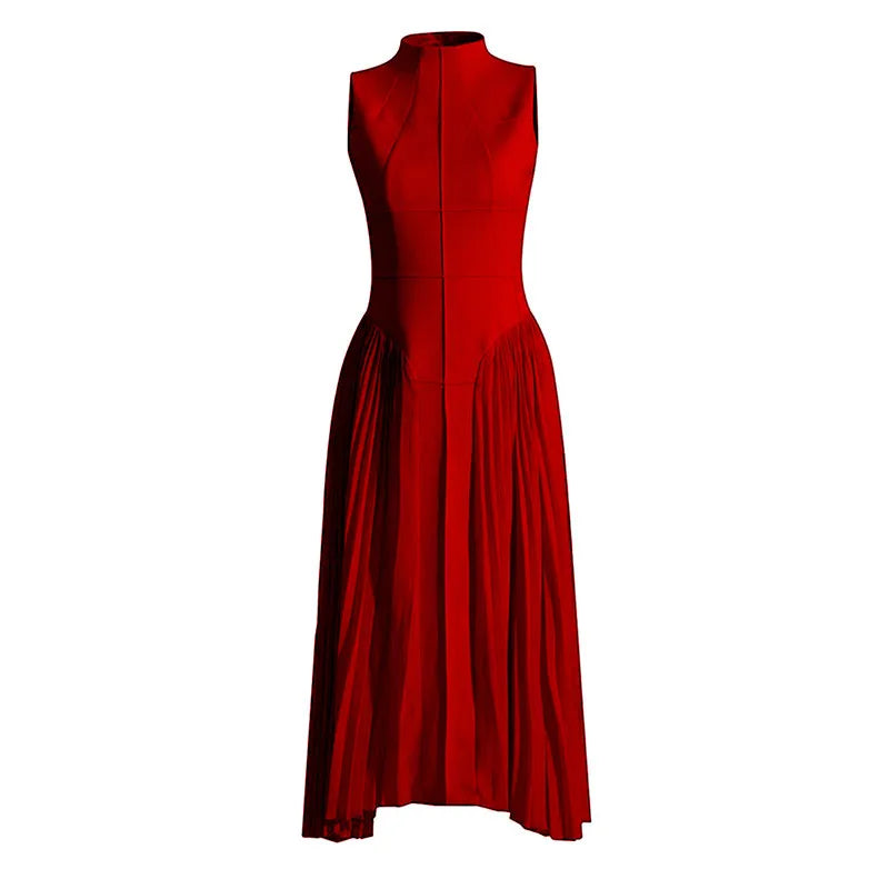 🍒Summer high neck dress a line pleated Irregular long midi outfit fit and flare slim fit smart casual summer wear Purely Pefect