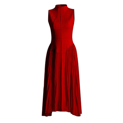 🍒Summer high neck dress a line pleated Irregular long midi outfit fit and flare slim fit smart casual summer wear Purely Pefect