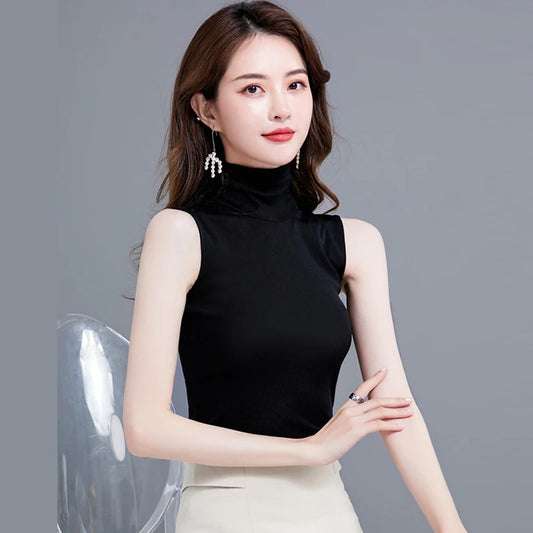 🍒女士夏季上衣高领无袖背心女休闲露脐T恤黑白蓝色 Q'white A 上衣以及黑色和蓝色