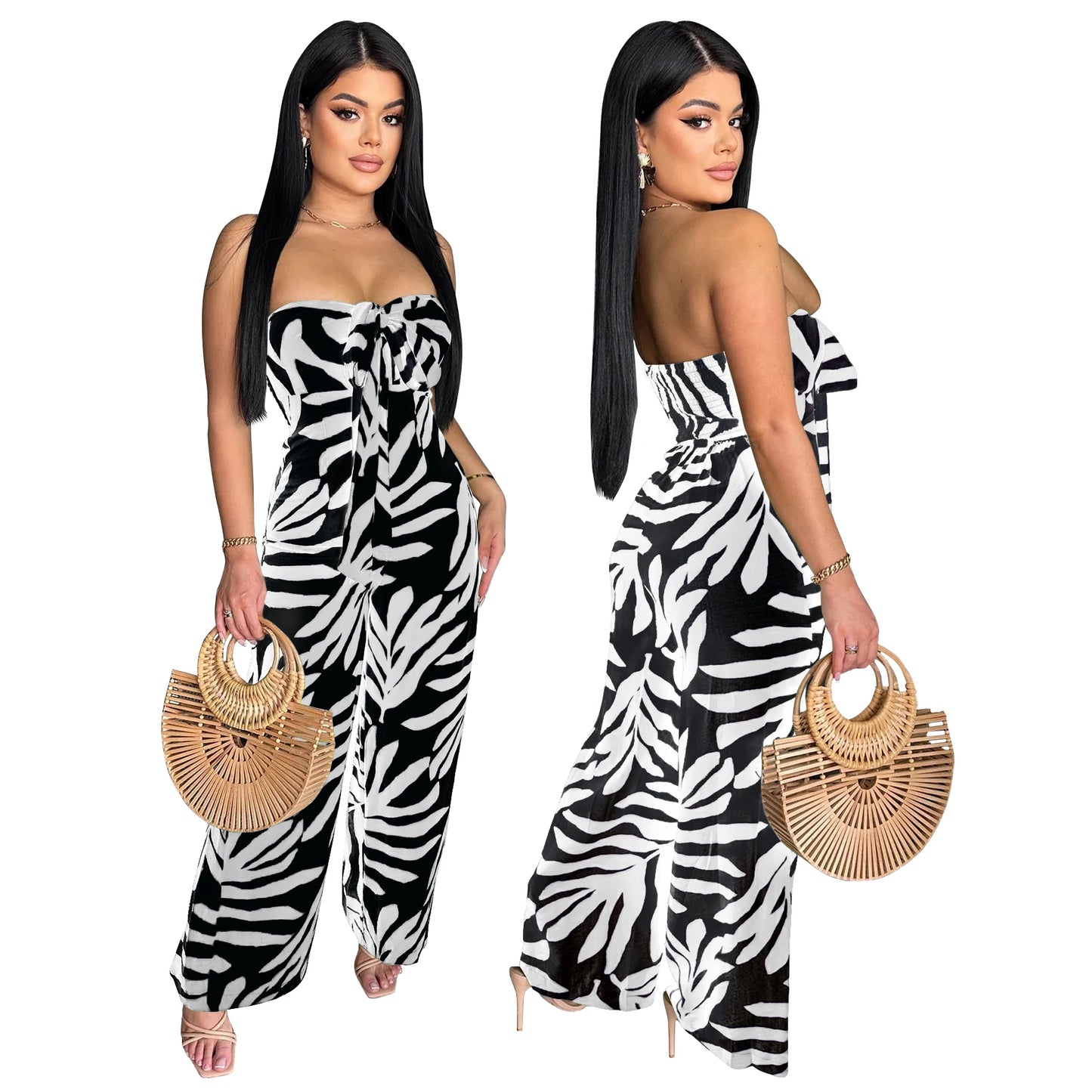 🍒 Gedrukte, noupassende jumpsuit met wye pype – klubdrag, strandpartytjie, vakansiedrag vir vroue, elegante gemaklike drag