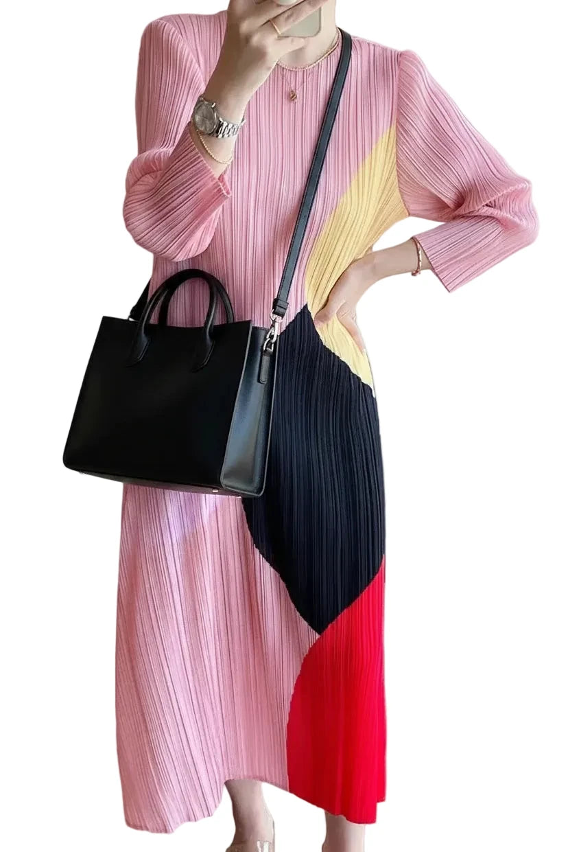 🍒Pleated colour block dress for women elegant geometric pattern  outfit print long sleeve smart casual clothing for occasions wear loose A-line maxi dress designer clothes  Pink Perfection