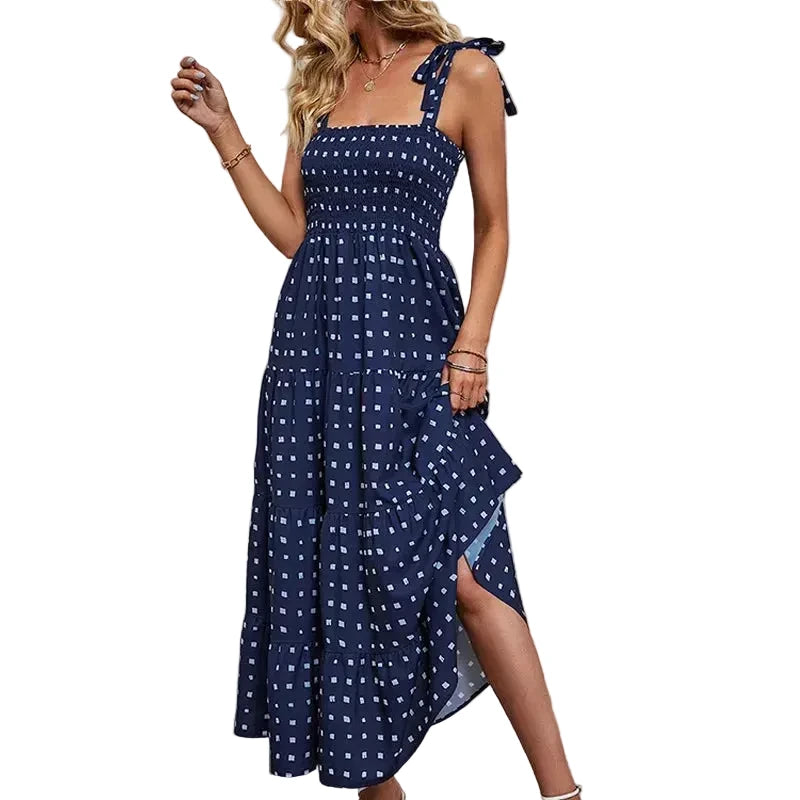 🍒Tiered summer dress summer sleeveless midaxi outfit for holiday spring summer clothing backless printed vacation wear cami dress for Women smart casual clothing  Dress For Summer