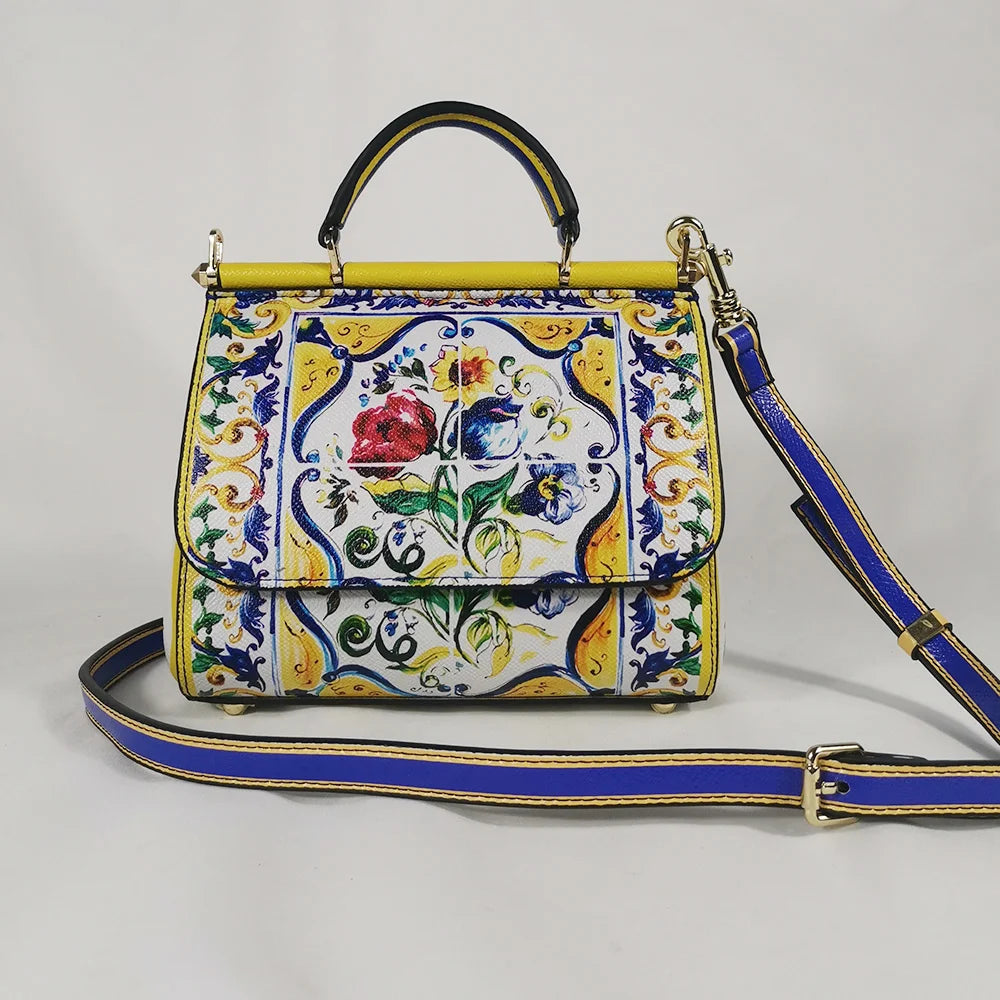 🍒Ladies crossbody bag colourful handbags womens rose print grab bag shoulder bag tote bag leather female Crossbody Brand Designer  Tile Style