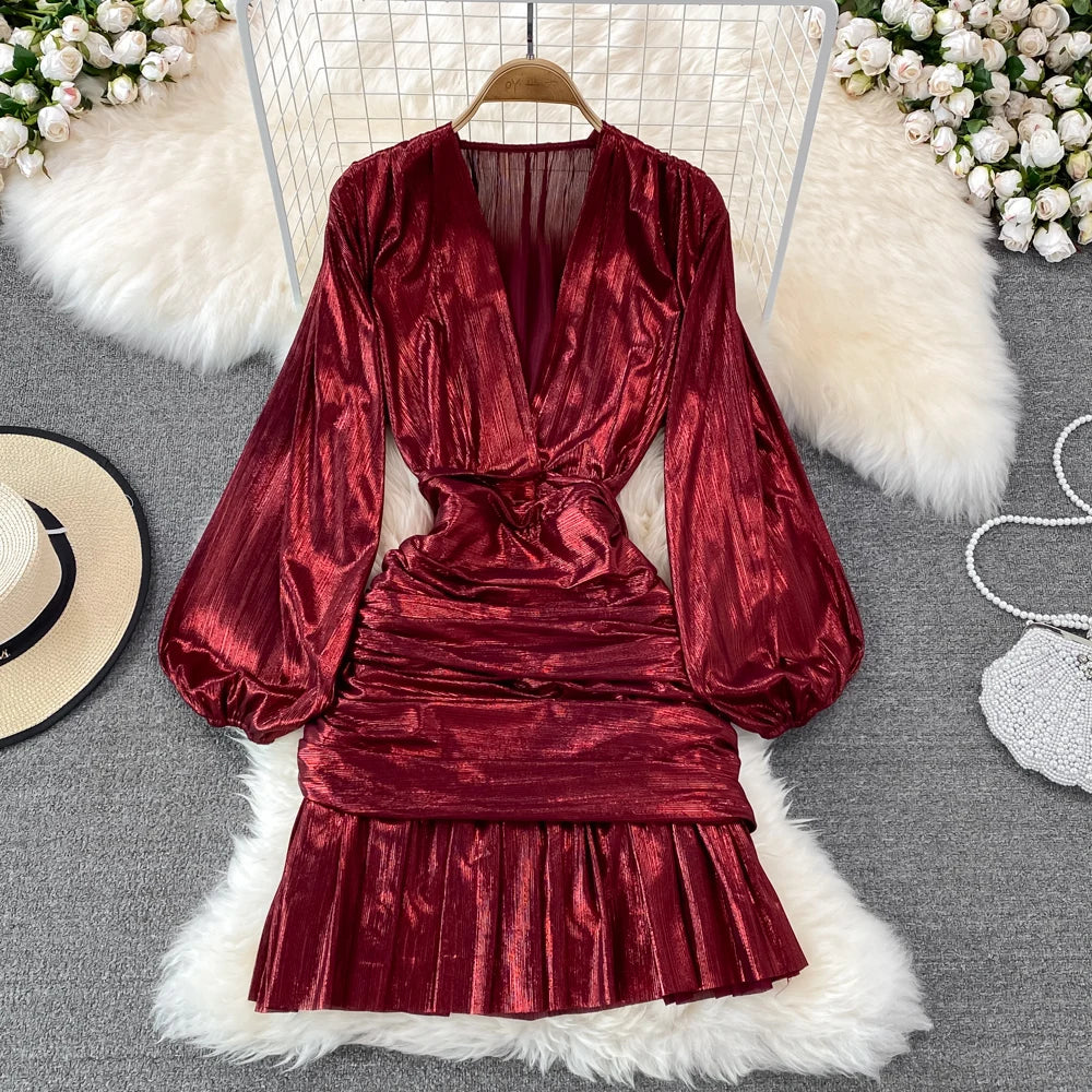 🍒Dames lente somer mode rok blink materiaal v-nek lanternmou geplooide geleentheidsuitrusting heupomvou kleding partytjiedrag Super Sensuele Satyn