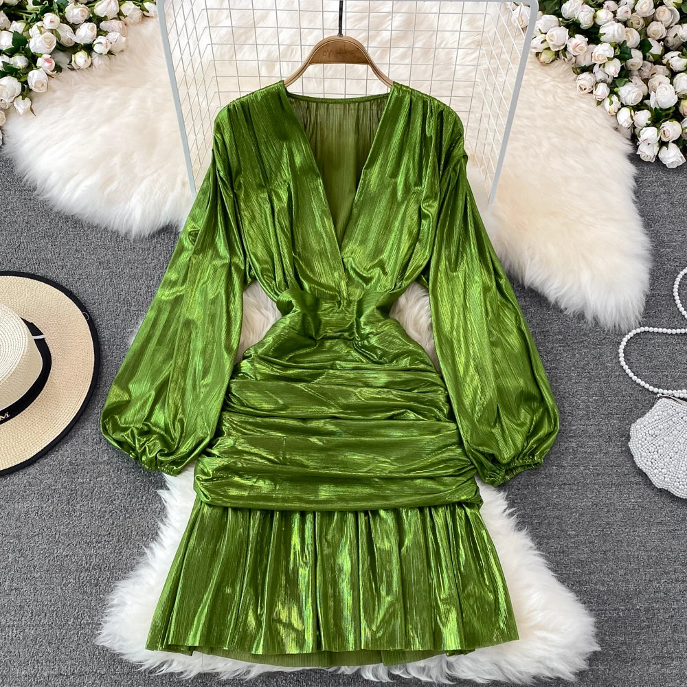 🍒Dames lente somer mode rok blink materiaal v-nek lanternmou geplooide geleentheidsuitrusting heupomvou kleding partytjiedrag Super Sensuele Satyn