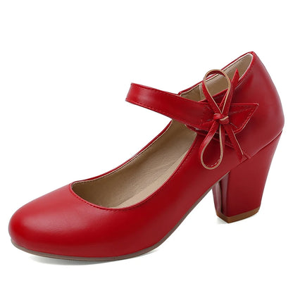 🍒Damespompe 7 cm hoë dik blokhakke ronde toon Mary Janes skoene trourok skoene kantoorskoene damesenkelbandhakke met strikkies
