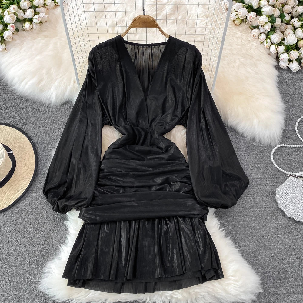 🍒Dames lente somer mode rok blink materiaal v-nek lanternmou geplooide geleentheidsuitrusting heupomvou kleding partytjiedrag Super Sensuele Satyn