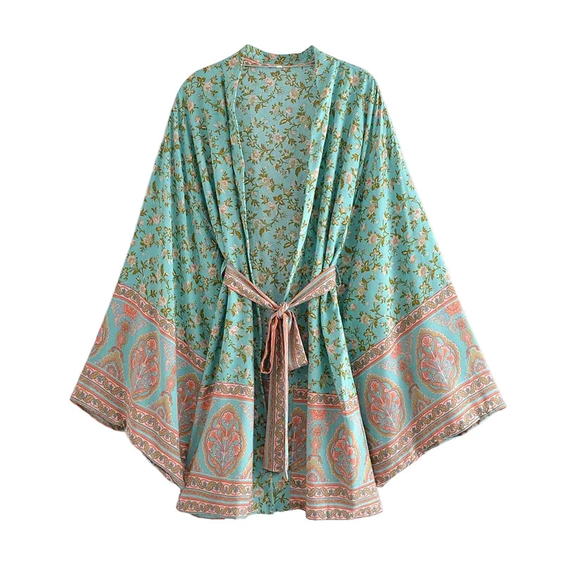 🍒Beach coverups wild floral print short light kimono jacket batwing duster bohemian ladies v-neck rayon short bikini swimwear cover over vacation wear holiday clothing casual wear  Colourful Comfort