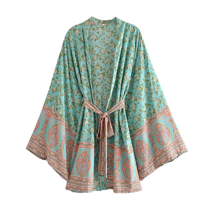 🍒Beach coverups wild floral print short light kimono jacket batwing duster bohemian ladies v-neck rayon short bikini swimwear cover over vacation wear holiday clothing casual wear  Colourful Comfort