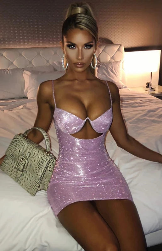 🍒Womens sequin mini dress v- neck hollow out bodycon bra dress spaghetti straps clothes club wear for women party outfit Drive In Your Mini Dine in Your Spaghetti 'bra Whatever You Fancy