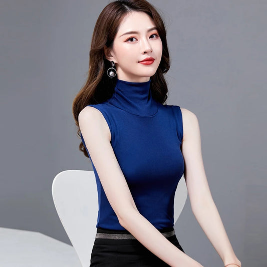 🍒女士夏季上衣高领无袖背心女休闲露脐T恤黑白蓝色 Q'white A 上衣以及黑色和蓝色