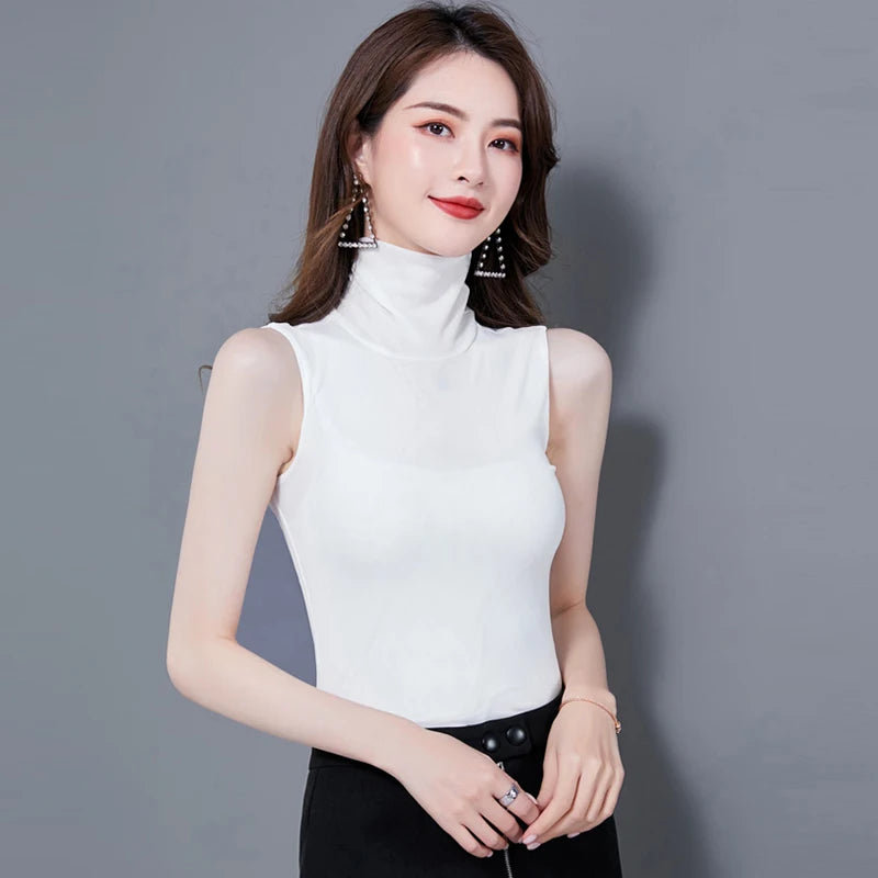 🍒Summer tops for women turtle neck sleeveless tank top female casual clothes cropped top tees black white blue Q'white A Top And In Black And Blue