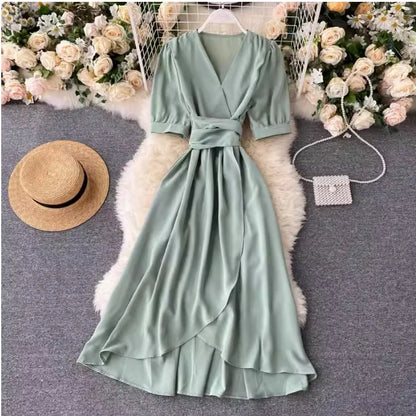 🍒Solid colour irregular hem dress short sleeved summer outfit smart casual women colourful fashion wear holiday wear