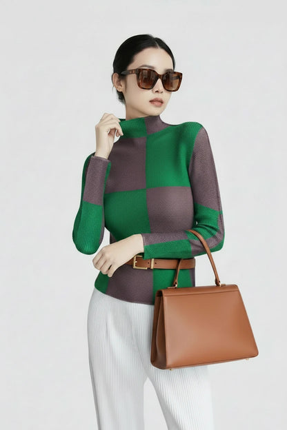 🍒设计师夏季上衣几何时尚印花长袖衬衫格子女士休闲衫弹力褶皱T恤方领 此方领在结算时
