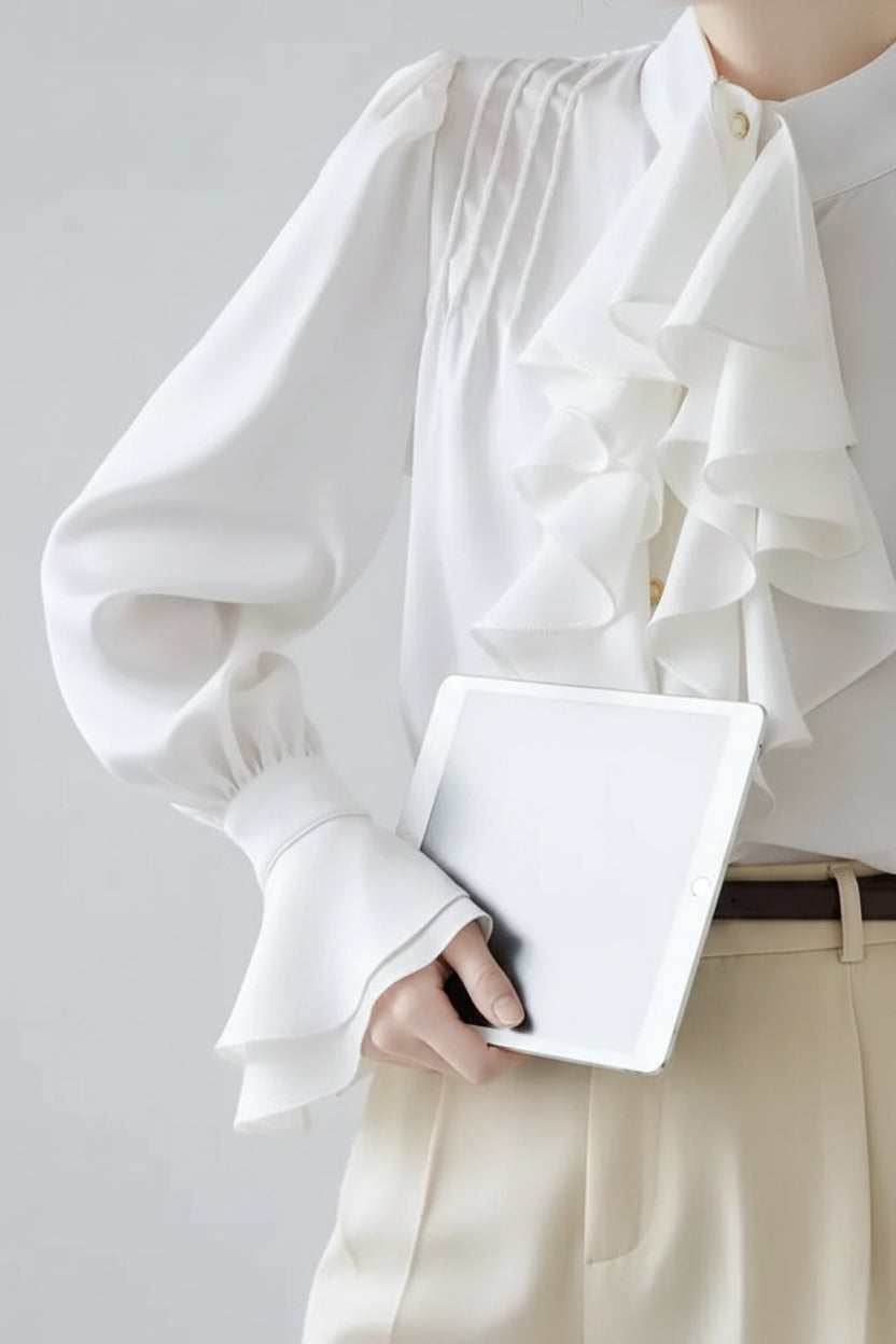 🍒Vintage blouse court style button fold flare sleeve slim pure white shirt with ruffles women elegant stand collar top female smart casual wear office clothing occasion clothing  No One Will Judge You With This Cool Court Style Blouse