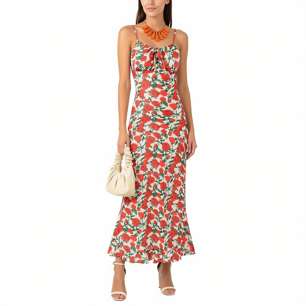 🍒Midi dresses for women bodycon summer outfits vintage clothes front tie floral fashion wear smart casual chiffon clothing  Rosey Posey