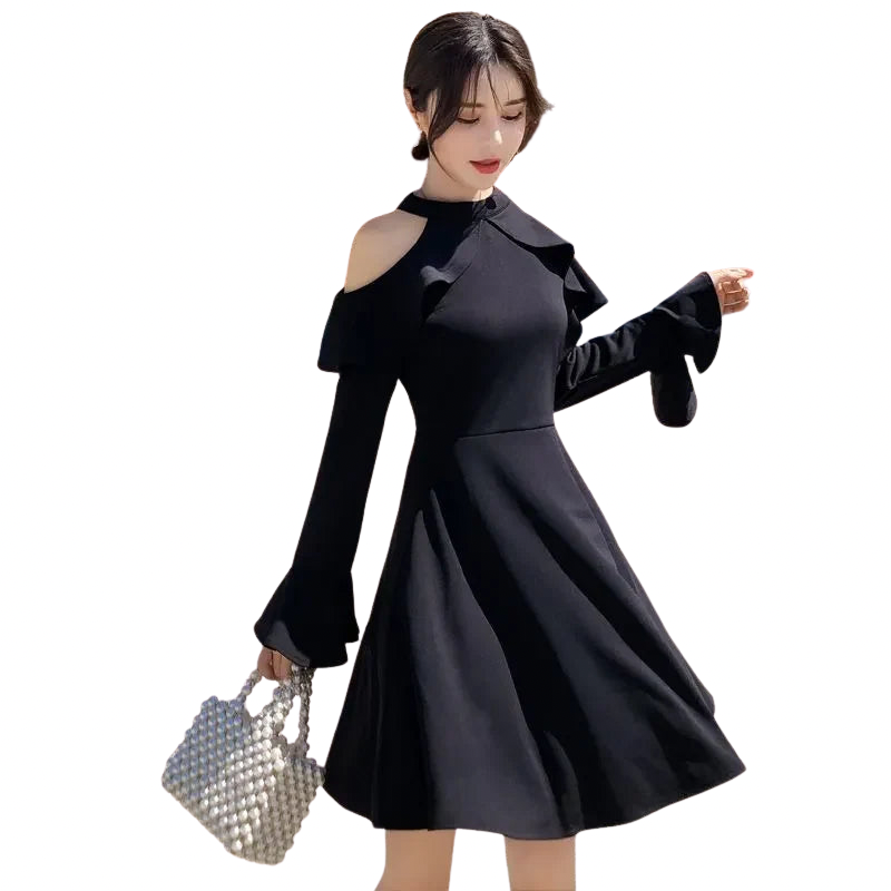 🍒女士时尚长袖黑色连衣裙 性感潮流露肩时尚夏季服装 优雅漂亮A字连衣裙 派对装 设计师款式 露肩爆款