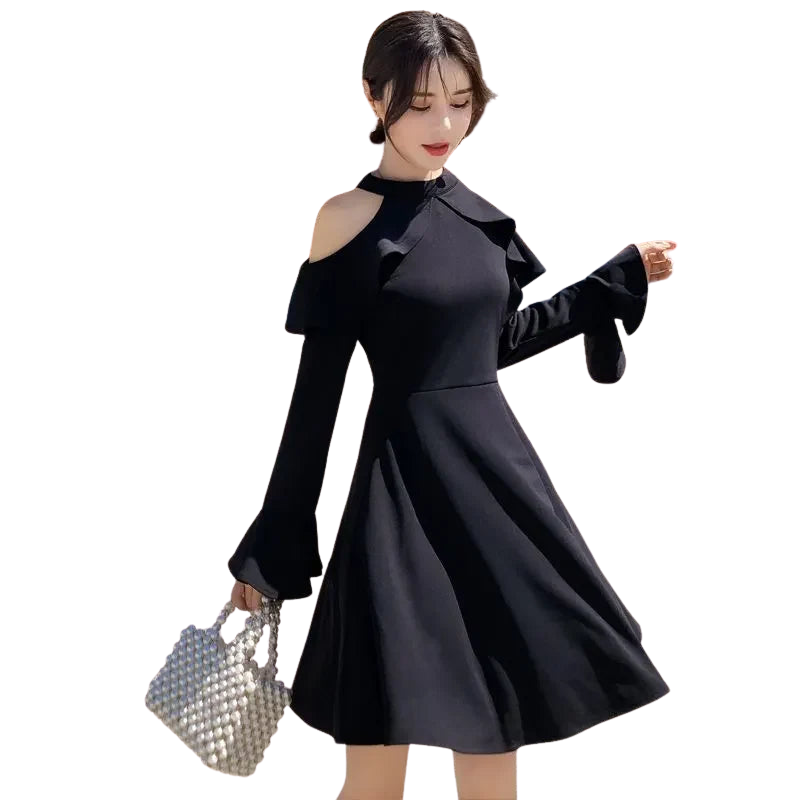 🍒女士时尚长袖黑色连衣裙 性感潮流露肩时尚夏季服装 优雅漂亮A字连衣裙 派对装 设计师款式 露肩爆款