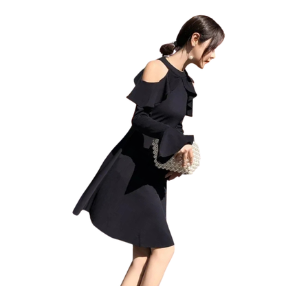 🍒女士时尚长袖黑色连衣裙 性感潮流露肩时尚夏季服装 优雅漂亮A字连衣裙 派对装 设计师款式 露肩爆款