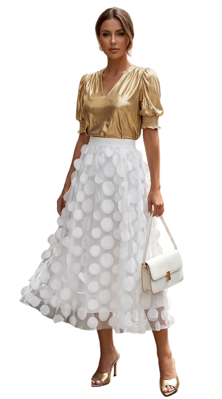 🍒Womens polka dot 3D design tulle mesh skirt retro elastic waist long length a-line occasion wear beach party wear street fashion feminine street wear You Will Be Dotty About These Spots