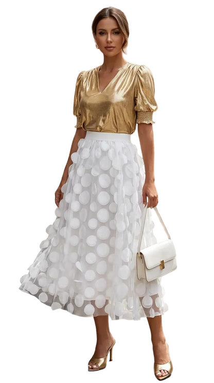 🍒Womens polka dot 3D design tulle mesh skirt retro elastic waist long length a-line occasion wear beach party wear street fashion feminine street wear You Will Be Dotty About These Spots