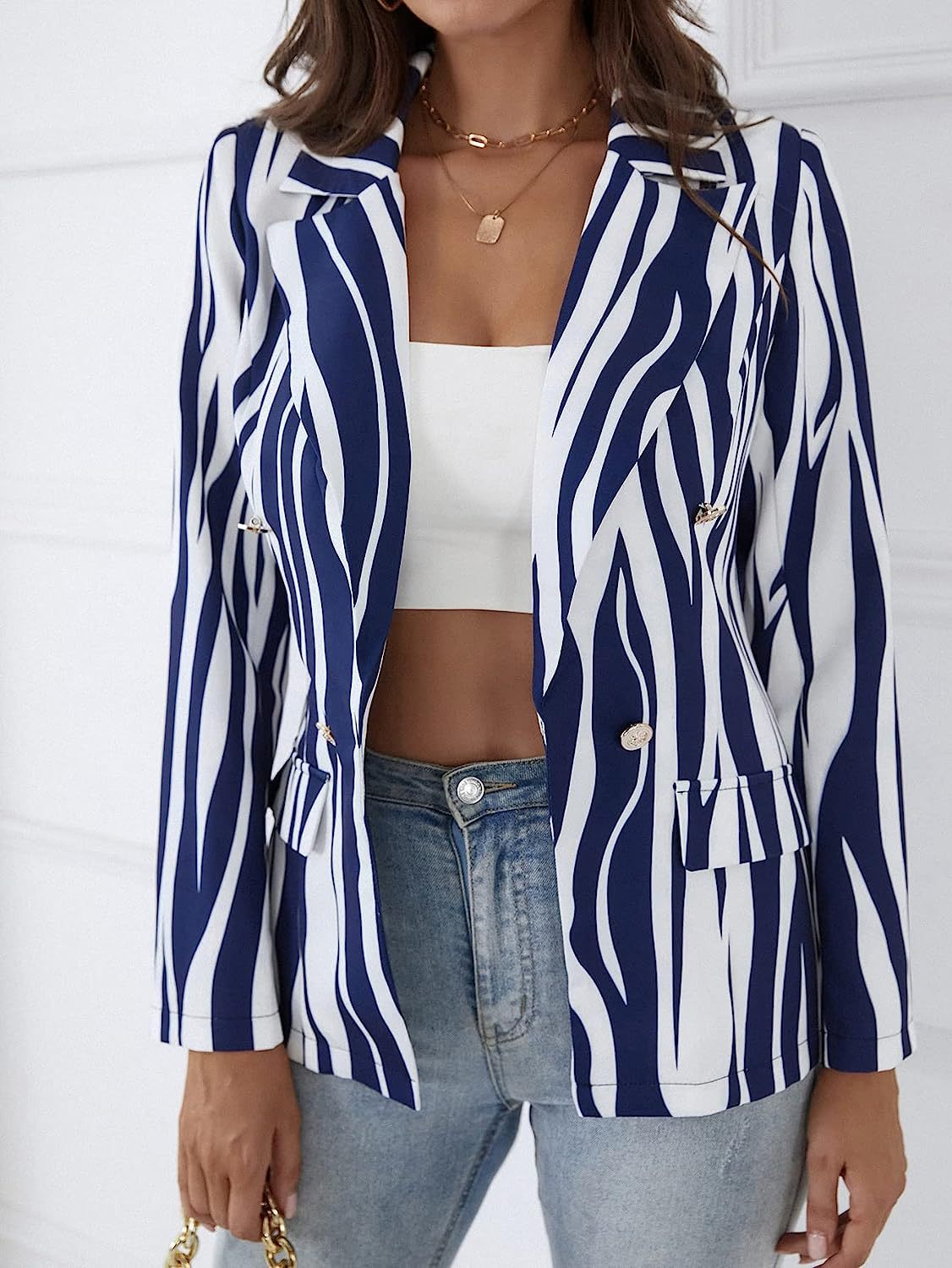🍒Vintage striped blazer three quarter sleeve suit jacket women’s long sleeve double breasted jacket commuter smart casual outer wear plus size fashion striped clothing Stripe Lucky