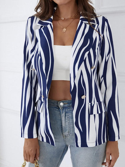 🍒Vintage striped blazer three quarter sleeve suit jacket women’s long sleeve double breasted jacket commuter smart casual outer wear plus size fashion striped clothing Stripe Lucky