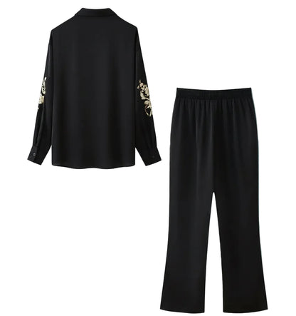 🍒Sequin two piece set long sleeve shirt top with elasticated waist party trousers smart casual clothing occasion outfit for women holiday vacation clothes for beach party Suitable Satin