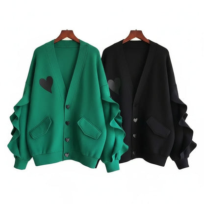 🍒Spring and autumn super large jacket knitted ruffle outerwear casual women fashion clothing with heart motif Get RIGHT To The HEART Of Fashion