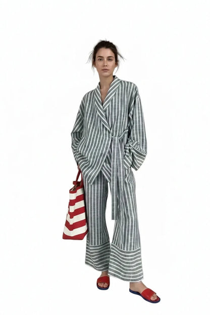 🍒Casual long sleeve suit for women striped set jacket loose/oversized and high-waisted trousers fashion smart casual two piece set Every Body Suits Stripes
